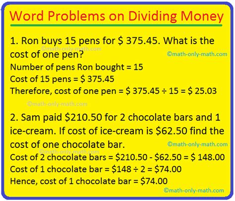 Word Problems on Dividing Money | Solving Money Division Word Problems