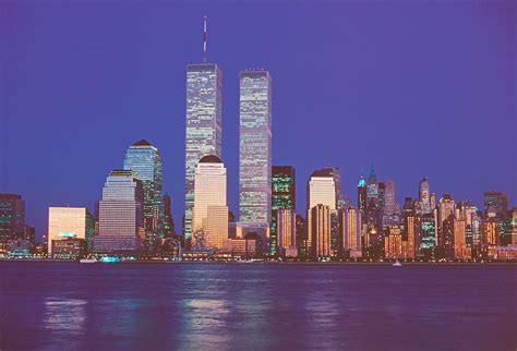 Twin Towers of the World Trade Center, designed by Minoru Yamasaki, Hudson River, Manhattan, New ...