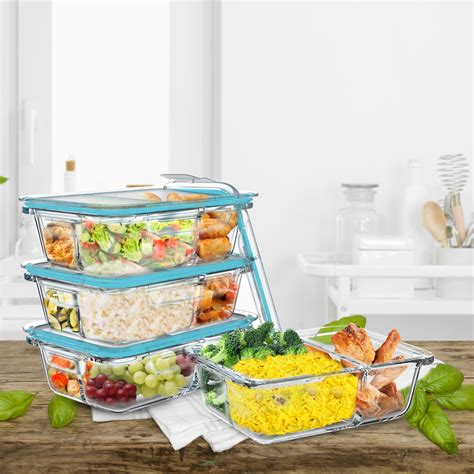 Glass Food Storage Containers-4 Three Compartment Portion Control Meal ...