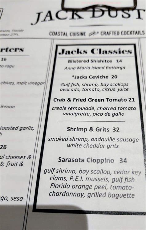 Menu at Jack Dusty pub & bar, Sarasota, Ritz Carlton Dr