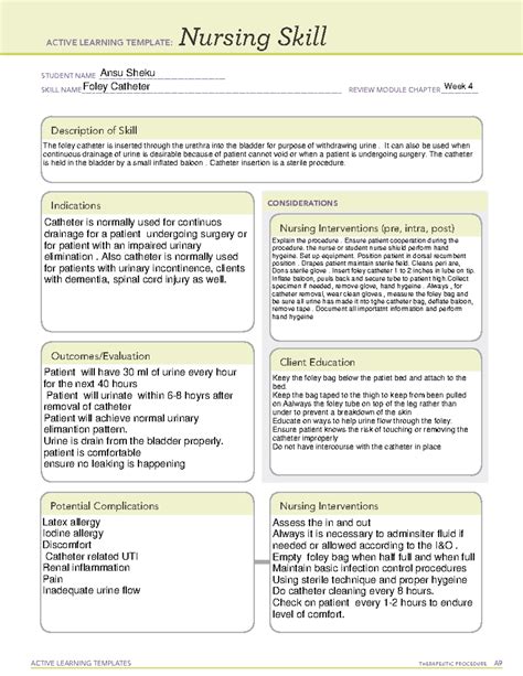 Foley Catheter Nursing Skill Template