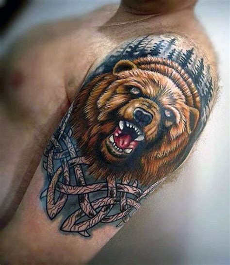 Interesting colored big roaring bear head tattoo on shoulder - Tattooimages.biz