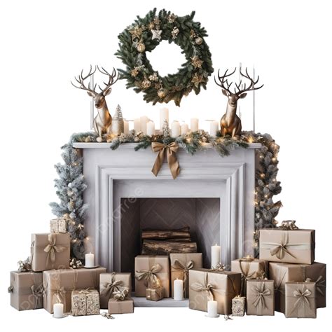 Christmas Fireplace With Greenery Garland Deer Gifts Candles, Christmas ...