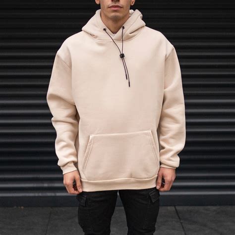 Men's Oversize Basic Hoodie Sweatshirt With Kangaroo Pocket In Cream