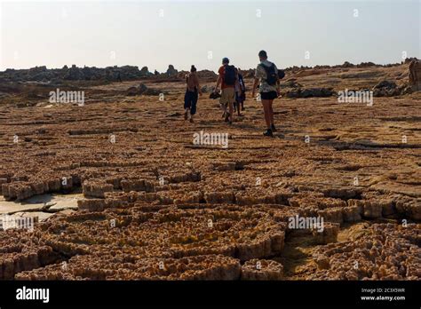 Dallol, Ethiopia - Nov 2018: Tourists walking surreal Dallol desert landscape, Danakil, Ethiopia ...