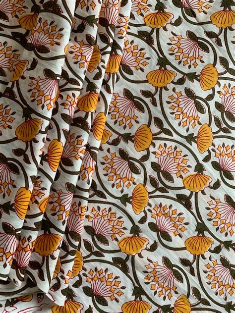 Yellow floral print cotton fabric block print fabric modern | Etsy