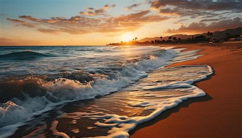 Premium AI Image | a sunset over the ocean with a beach scene.