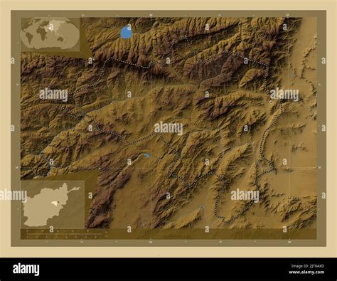 Wardak, province of Afghanistan. Colored elevation map with lakes and rivers. Corner auxiliary ...