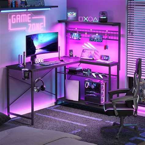 Bestier L Shaped Gaming Desk with Power Outlets, 51 inch Large LED Computer Desk