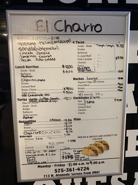 Menu at El Charro restaurant, Carlsbad