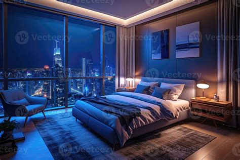 Night scene of Modern contemporary style interior bedroom design with ...