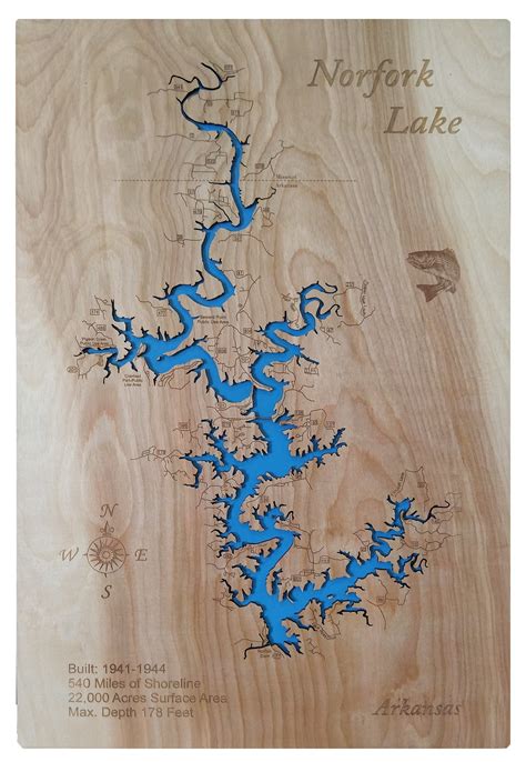 Norfork Lake, Arkansas - Laser Cut Wood Map