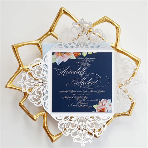 Elegant Wedding Invitation Floral Wedding Invites Navy blue laser cut Invitation suite sample ...