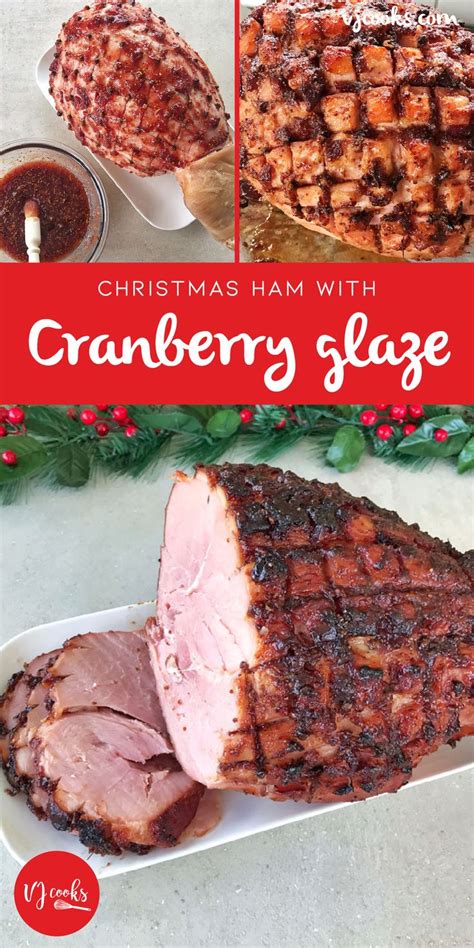 christmas ham with cranberry glaze on a platter next to other food