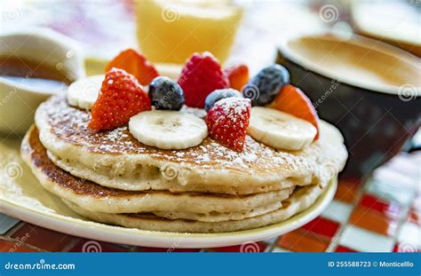 Belgian Pancakes Served with Fruits and Maple Syrup Stock Image - Image of flapjack, sugar ...