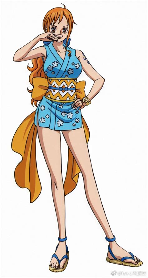 an anime character with orange hair and blue dress standing in front of a white background