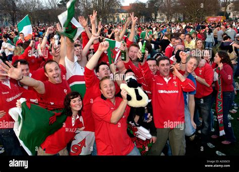 Big crowd of Welsh rugby fans celebrate Wales winning an international match in Cardiff South ...