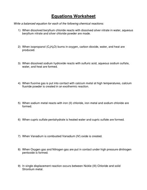 Word Equations Chemistry Worksheets