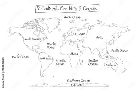 7 Continents map with 5 Oceans vector isolated on white background, freehand drawing, doodle ...