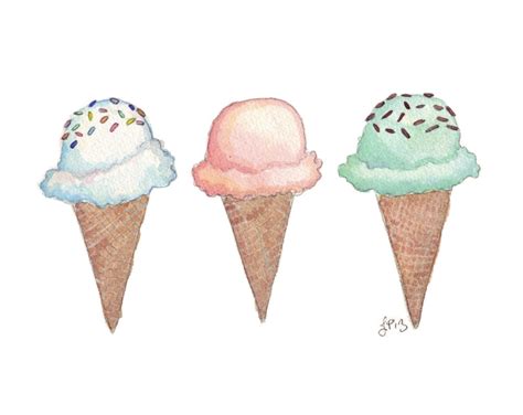 Three Ice Cream Cone Watercolor Painting Food Illustration | Etsy