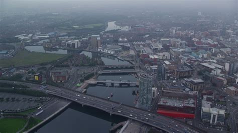 5.5K stock footage aerial video of bridges over River Lagan, Belfast ...