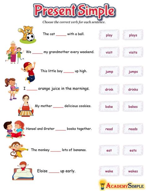 English Simple Present Tense Worksheet, Adding 'S' to Verbs - Academy Simple