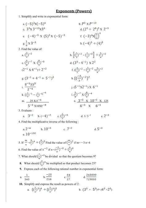 Grade 7 Exponents And Powers Worksheet