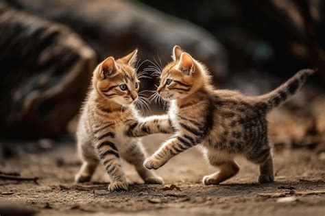 Premium AI Image | Two kittens playing together on a dirt ground.