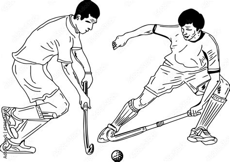 Outline vector illustration of hockey player, field or floorball hockey player sketch drawing ...