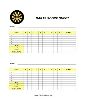 Printable Darts Score Sheet