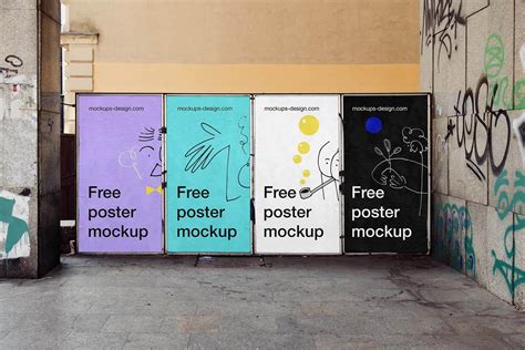 Free 4 Side By Side Outdoor Wall Posters Mockup PSD - Good Mockups