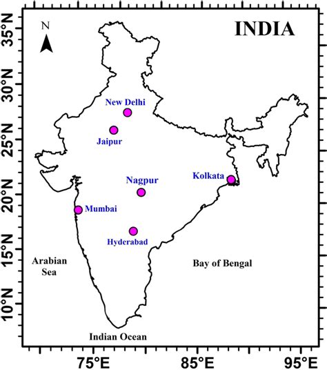 Map of India and location of study regions; 6 Indian metropolitan cities | Download Scientific ...