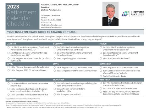 2023 Retirement Calendar Checklist - Lifetime Paradigm