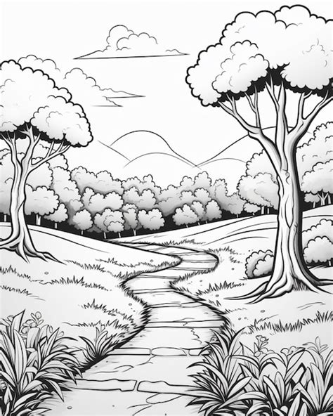 Premium AI Image | drawing of a landscape with a path through the woods ...