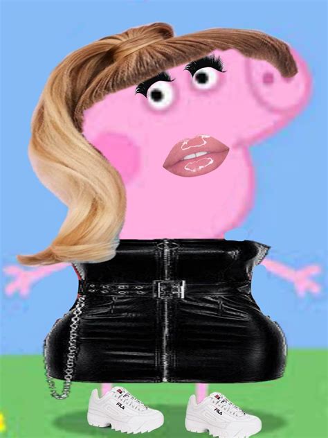 a cartoon pig with blonde hair wearing a black skirt