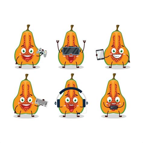 Slice of papaya cartoon character are playing games with various cute emoticons 26973798 Vector ...