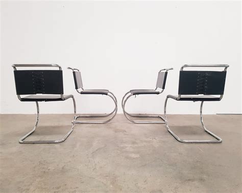 Set of 4 MR10 laced black leather dining chairs by Mies van der Rohe, 1970s | #114793