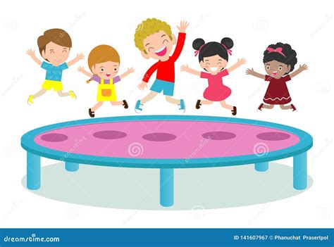 Kids Jumping on Trampoline. Child Practicing Different Sports and ...