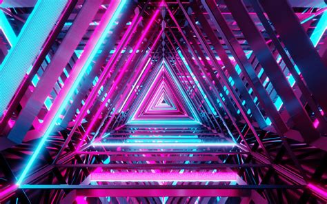 Neon Triangle Wallpaper 4K, Vanishing point, Pattern, Purple