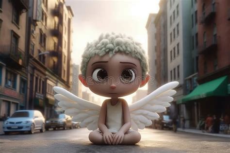 Cute Cartoon Angel with Very Big Eyes and Pitying Gaze in Front of a Big Cartoon City Street ...