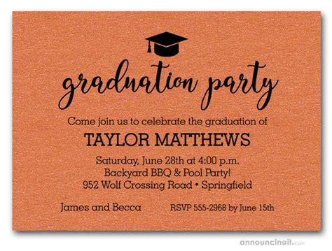 Grad Hat on Shimmery Orange Graduation Party Invitations or Announcements