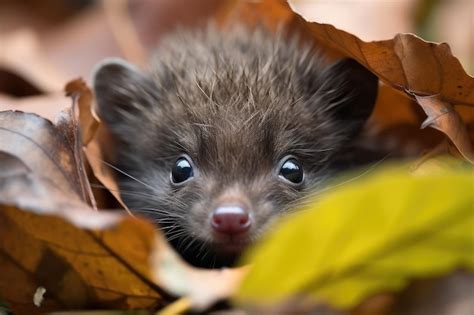 Premium AI Image | Baby hedgehog peeking out of pile of leaves curious ...