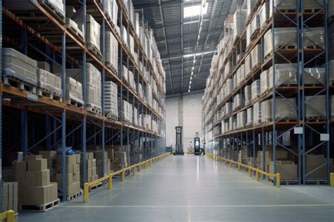 Modern Warehouse, with Rows of Shelves and Boxes, and Forklift in the Background Stock ...