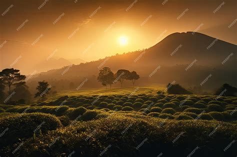 Premium AI Image | Tea plantation with sunset and silhouette of mountain in the background