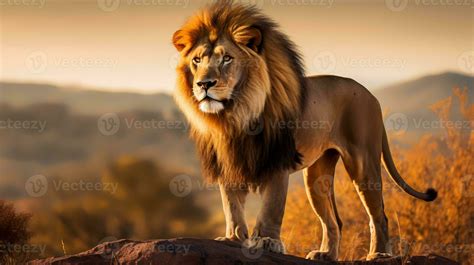 Photo of lion on savanna at sunset. Generative AI 26742924 Stock Photo ...