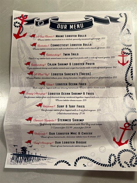 Menu at The Lobster Shack restaurant, Jeannette