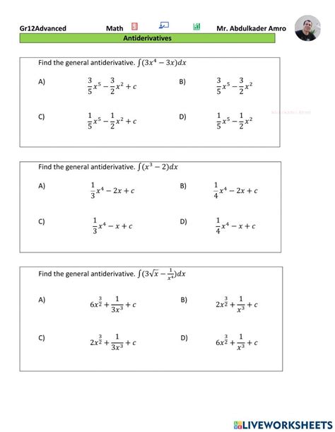 Antiderivatives-1 worksheet | Live Worksheets