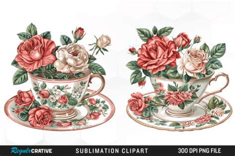 Floral Vintage Tea Cup Clipart Design Graphic by Regulrcrative · Creative Fabrica