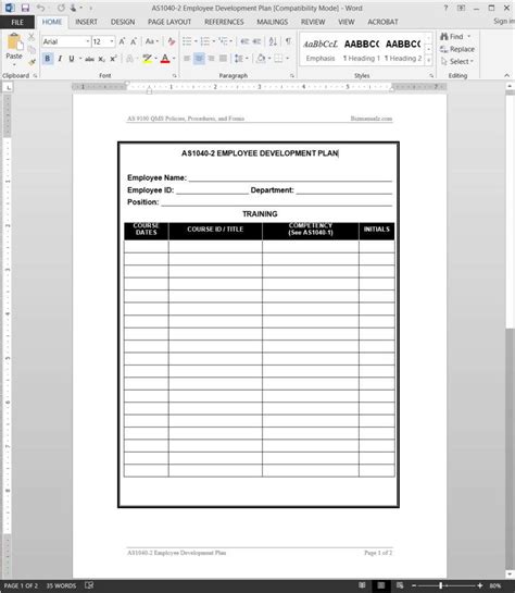 AS9100 Employee Development Plan