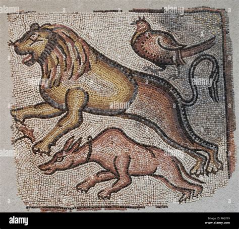 Eastern Mediterranean Roman mosaics of Animals, 5th - 6th century. Three animals are in the race ...